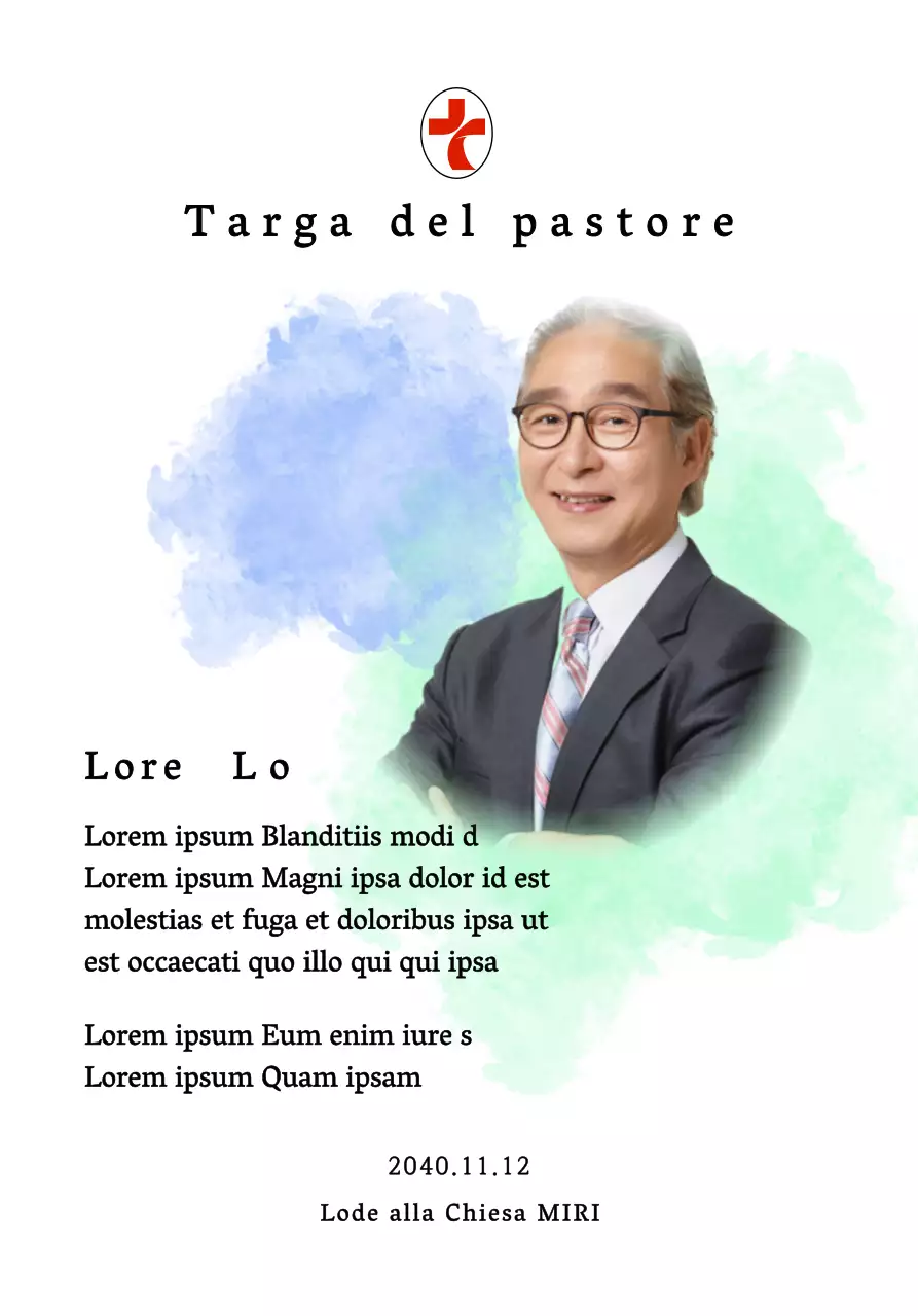 Targa di inaugurazione di una chiesa morbida con sfondo acquerellato sfumato e foto