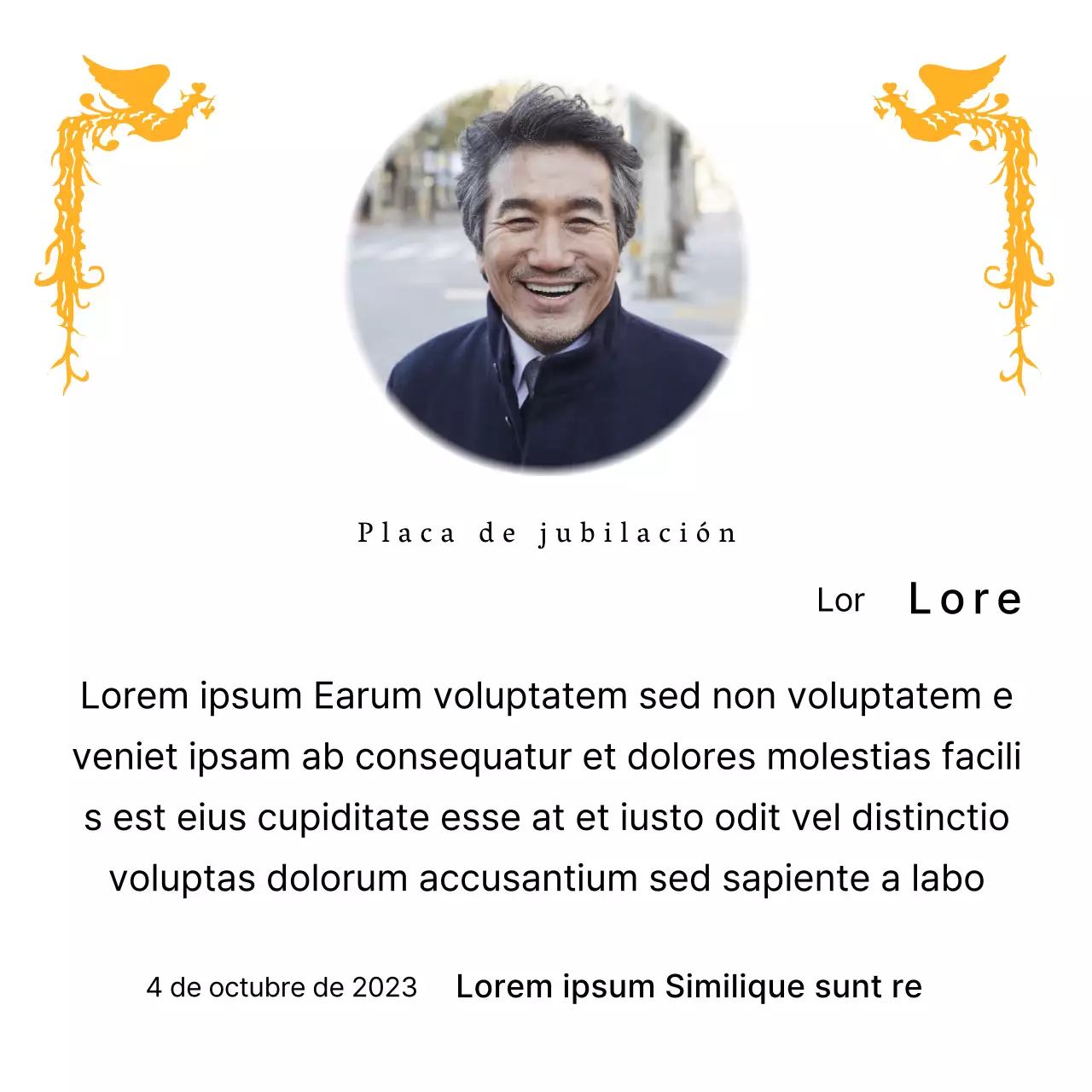 Un diseño de jubilación con una colorida ilustración de un ave fénix y una fotografía circular.