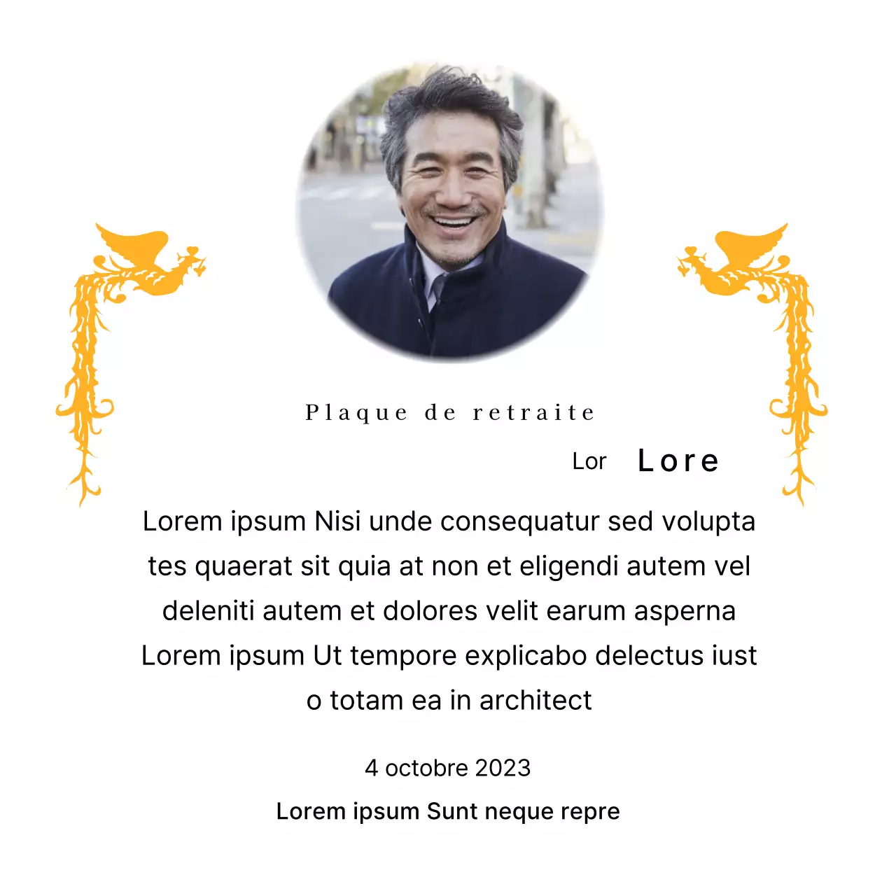 Une conception de retraite avec une illustration de phénix coloré et une photographie circulaire.