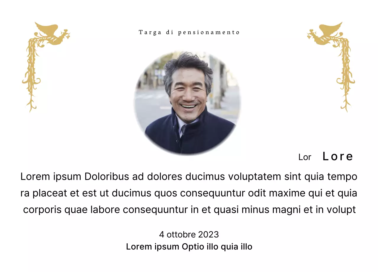 Un design per il pensionamento con un'illustrazione di una fenice colorata e una fotografia circolare.