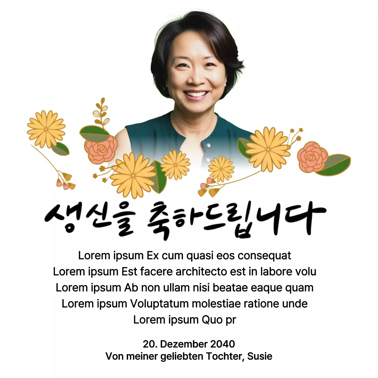 Happy Birthday mit einer Blume und einem Bild deiner Eltern