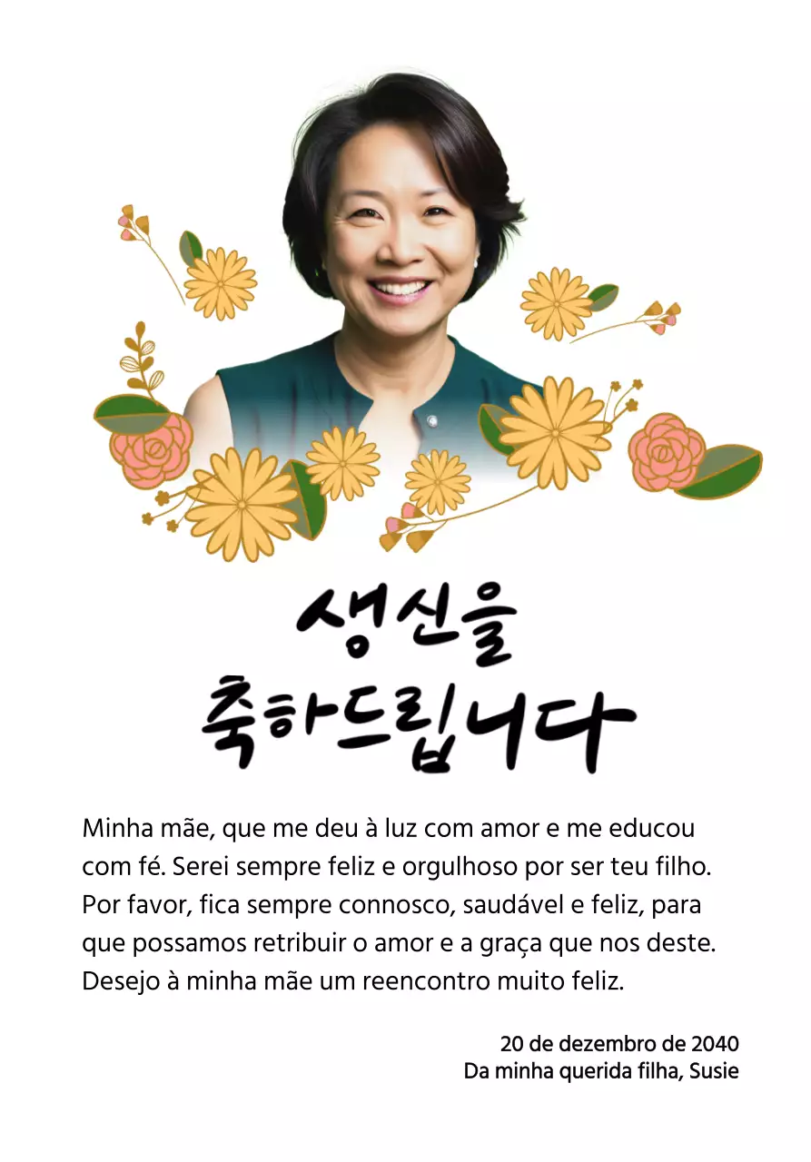 Feliz aniversário com uma flor e uma fotografia dos teus pais