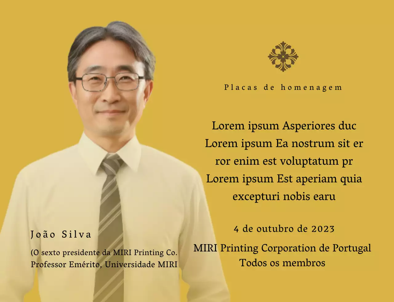 Placa comemorativa com ilustrações e fotografias de luxo