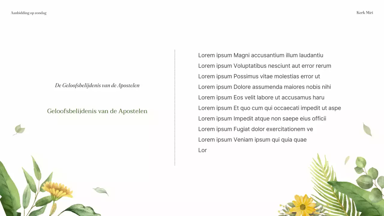 Een eenvoudige groen met gele servicegids voor de Botanische Kerk