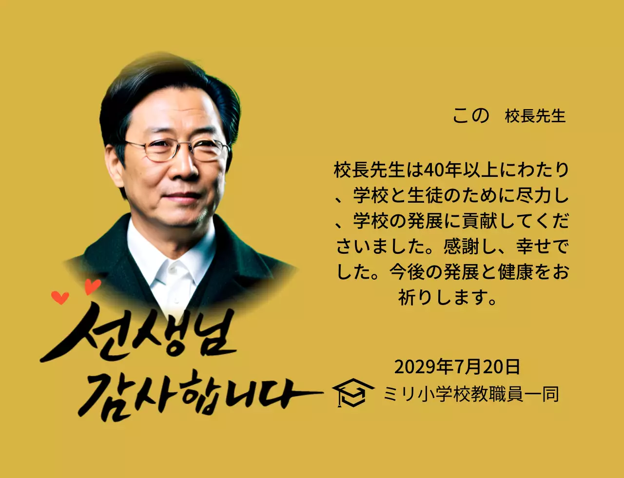 カリグラフィーと写真が入った明るい印象の学校感謝プレート