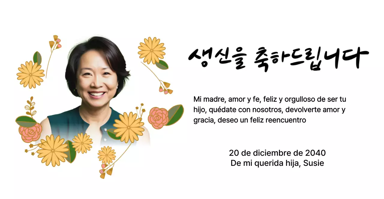 Feliz cumpleaños con una flor y una foto de tus padres