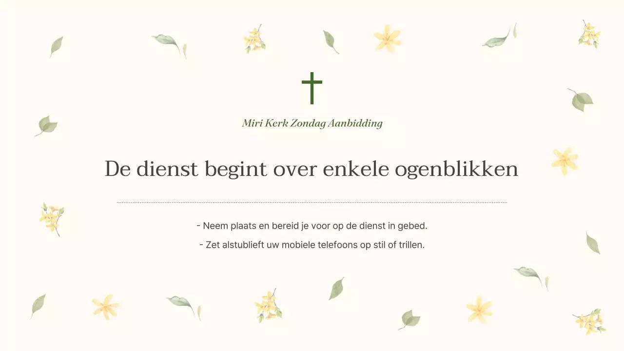 Een eenvoudige groen met gele servicegids voor de Botanische Kerk