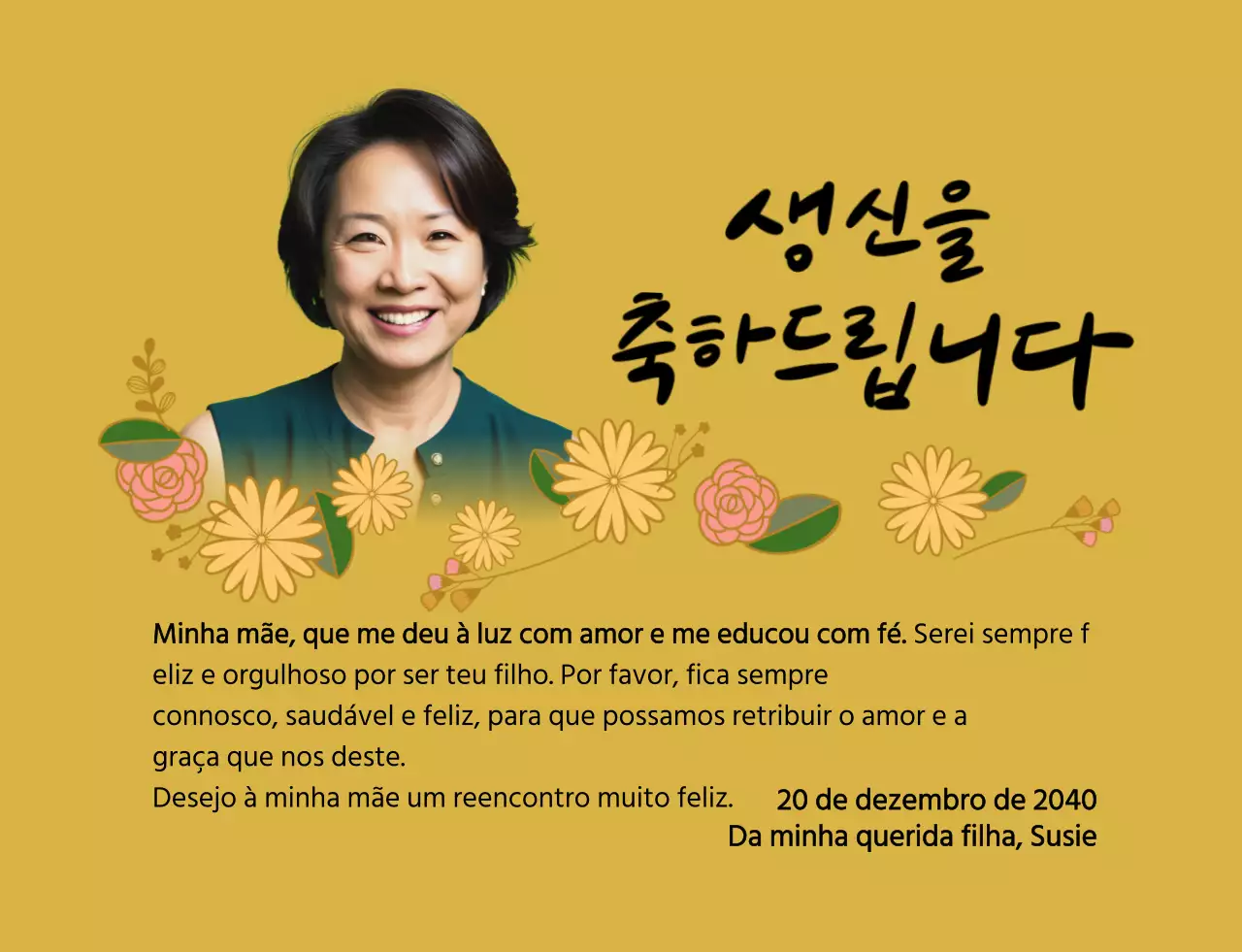 Feliz aniversário com uma flor e uma fotografia dos teus pais