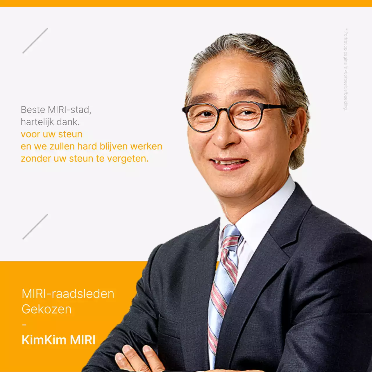 Een modern geel met grijs bedankje voor de gekozen president