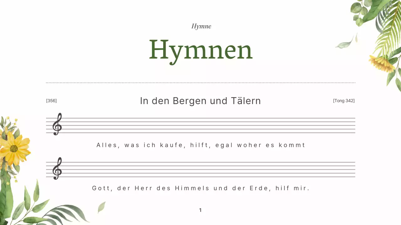 Ein einfacher grüner und gelber Gottesdienstführer für die Botanische Kirche