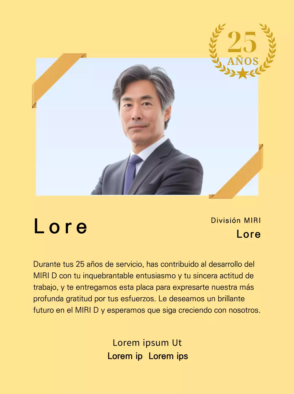 Un diseño de agradecimiento que incluye una foto cuadrada con un lazo dorado y un marcador del 25 aniversario