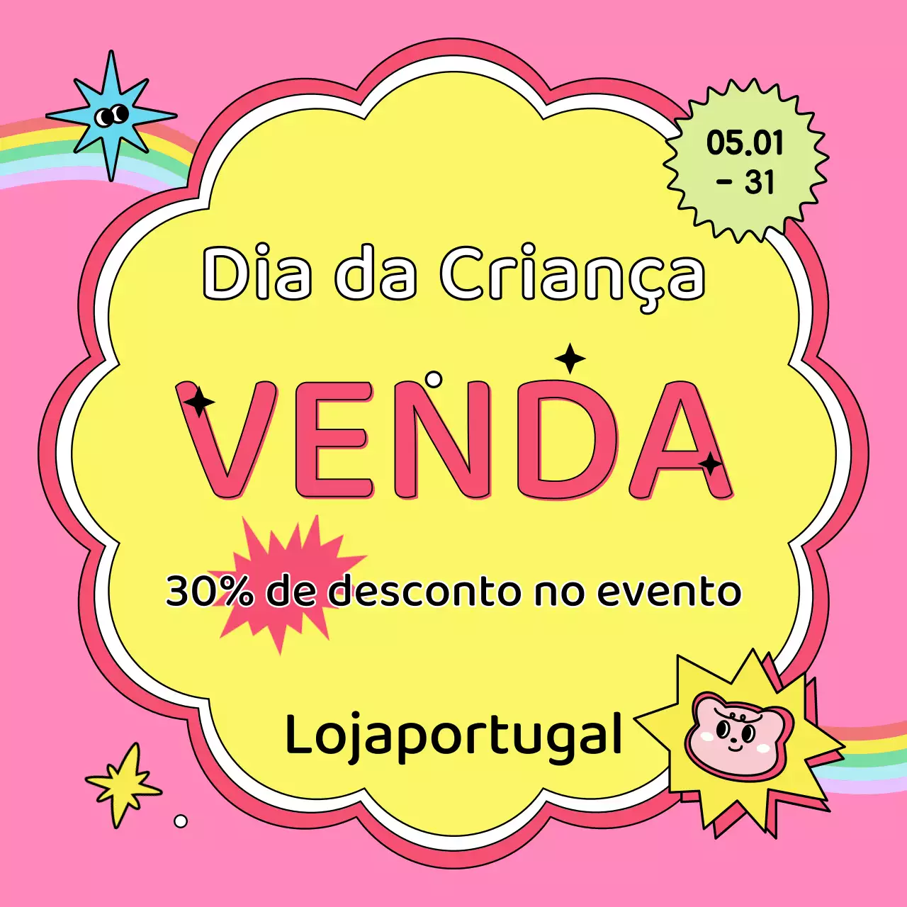 Promover um evento kitsch do Dia da Criança em rosa choque e amarelo