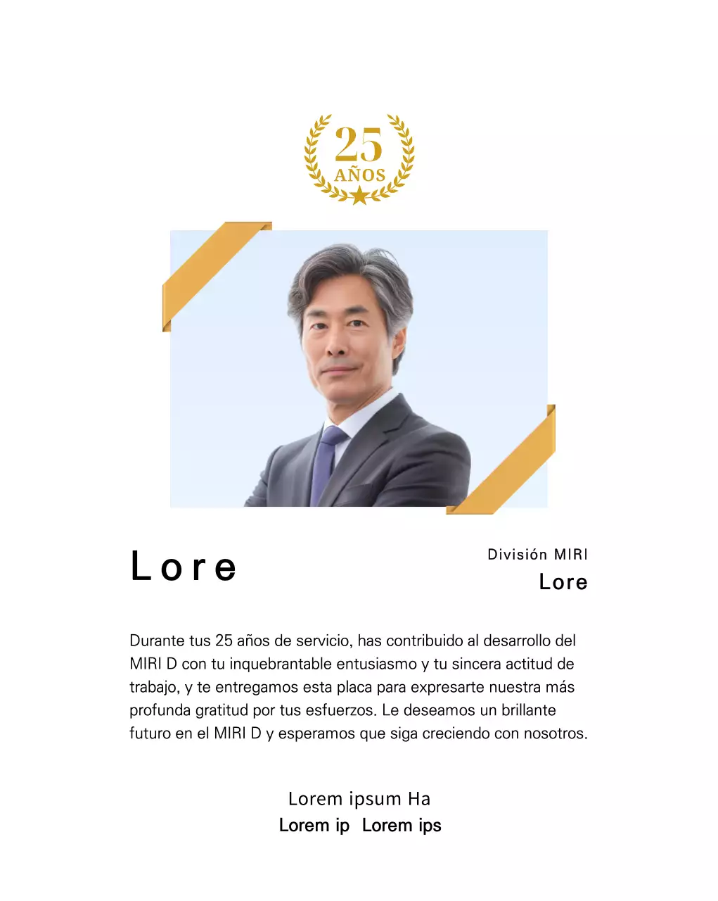 Un diseño de agradecimiento que incluye una foto cuadrada con un lazo dorado y un marcador del 25 aniversario