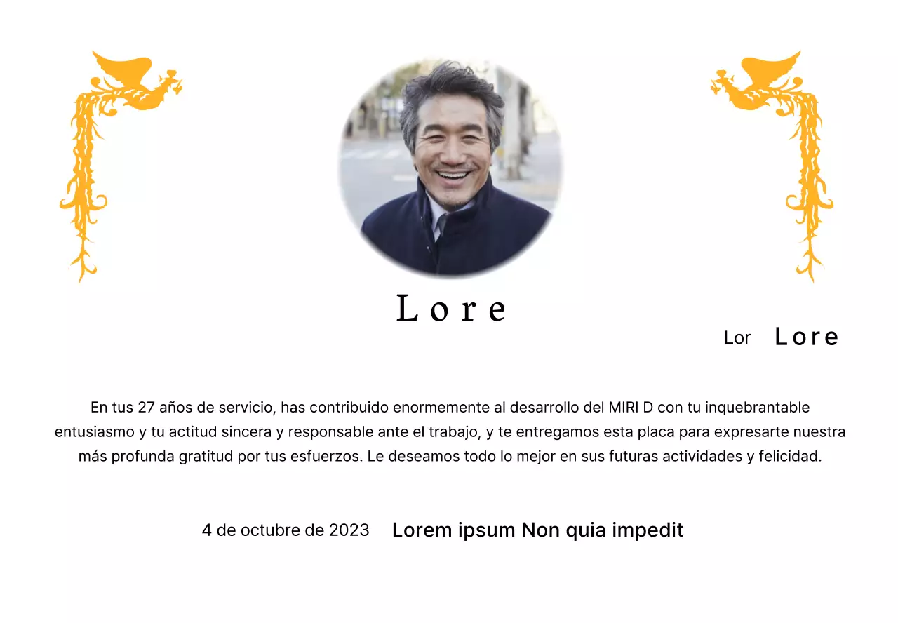 Un diseño de jubilación con una colorida ilustración de un ave fénix y una fotografía circular.