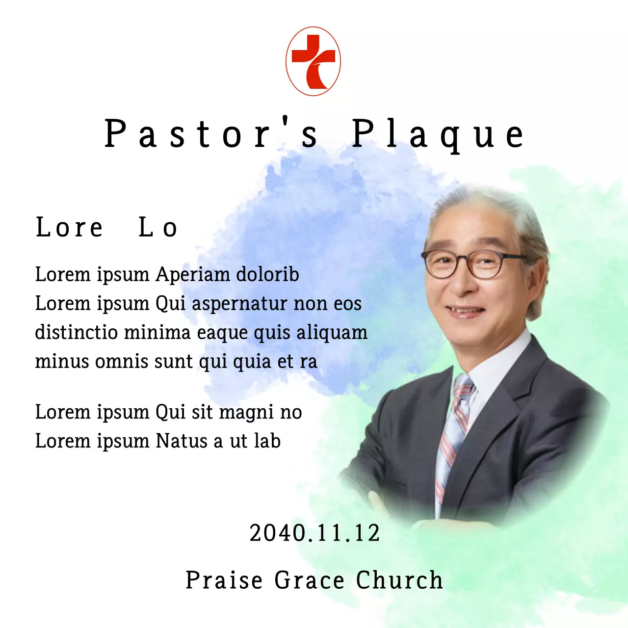 Soft church inauguration plaque with gradient watercolor background and photo