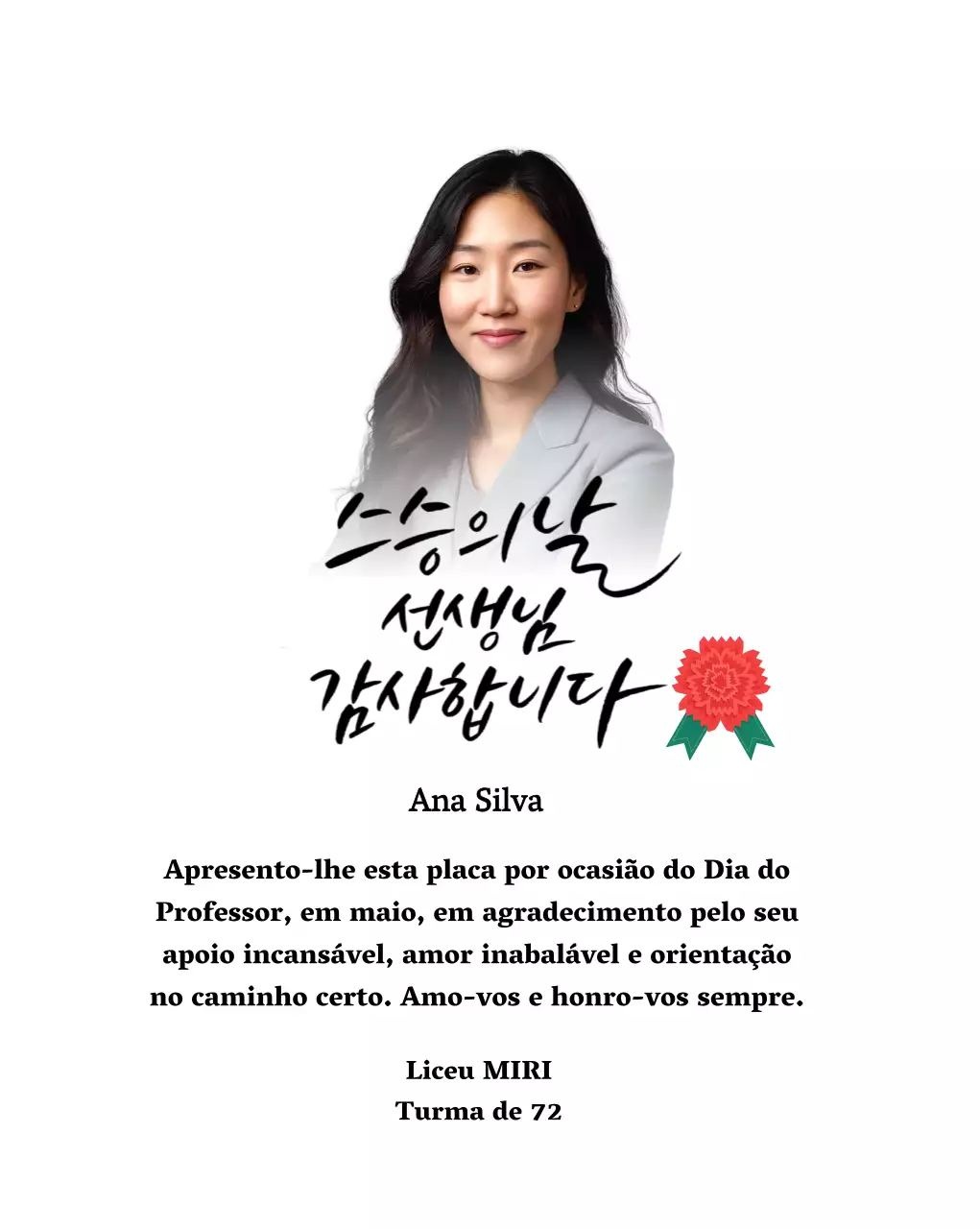 Uma nota de agradecimento colorida para o Dia do Professor com ilustração de cravos, caligrafia e fotografia