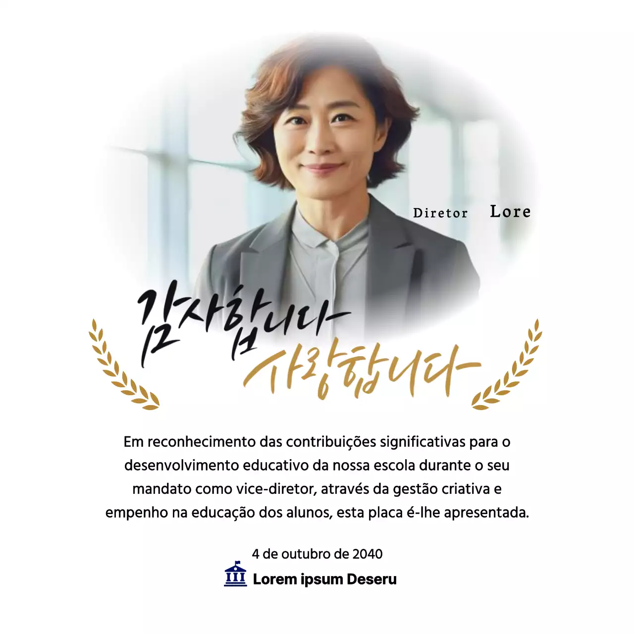 Uma placa de agradecimento de aspeto elegante com coroas de louros, fotografia circular e caligrafia.