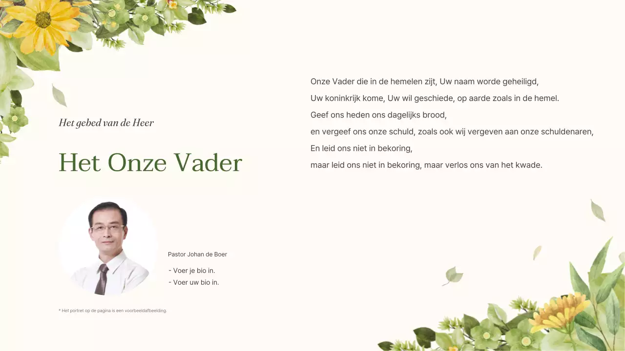 Een eenvoudige groen met gele servicegids voor de Botanische Kerk