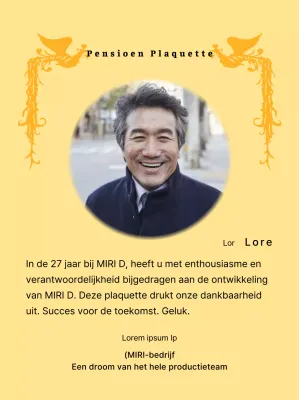 Een pensioenontwerp met een kleurrijke feniksillustratie en een cirkelvormige foto.