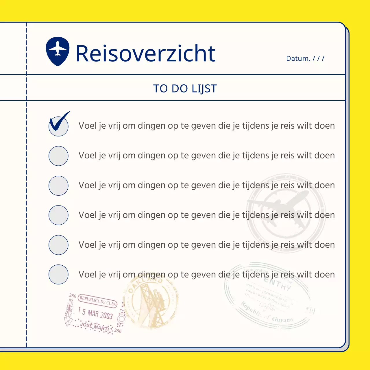 Een eenvoudige geel met marineblauwe reisplanner