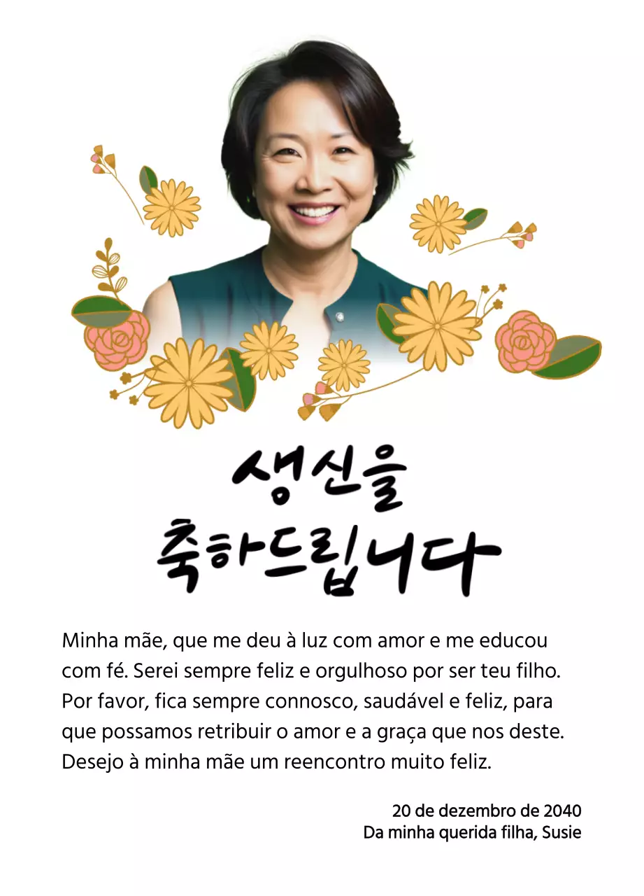 Feliz aniversário com uma flor e uma fotografia dos teus pais