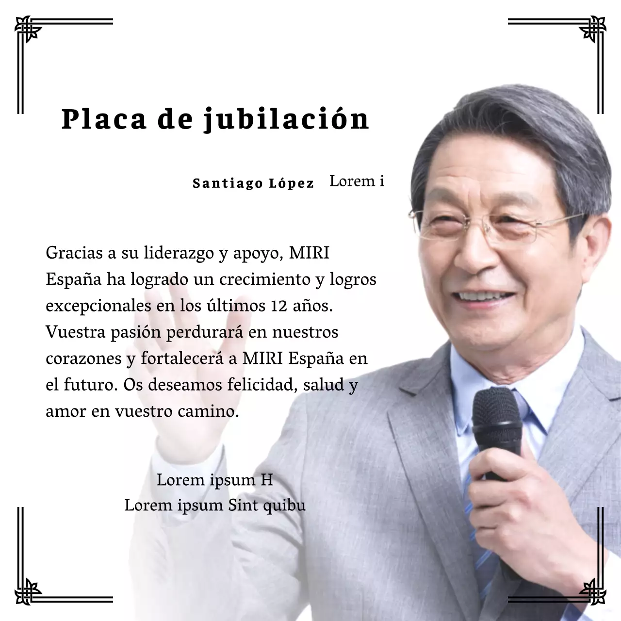 Diseñe una celebración de jubilación con bordes decorativos y fotos para dar una sensación de organización