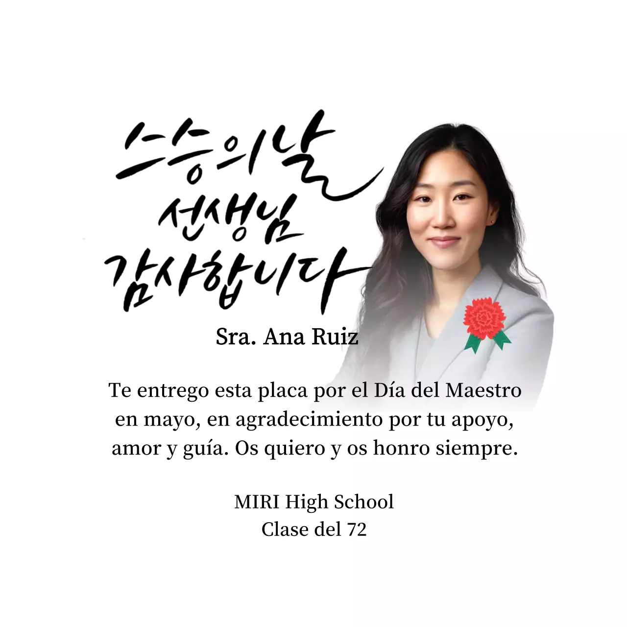 Colorida nota de agradecimiento por el Día del Profesor con ilustración de clavel, caligrafía y foto