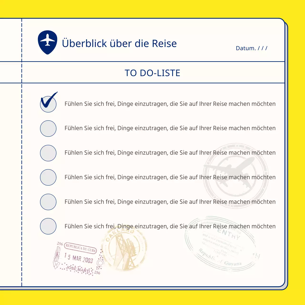 Ein einfacher Reiseplaner in Gelb und Marineblau