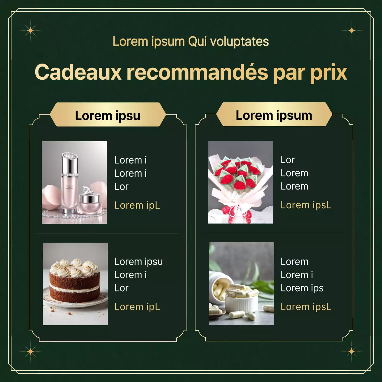 Recommander et promouvoir des cadeaux luxueux pour la fête des mères dans les centres commerciaux, en vert et en or