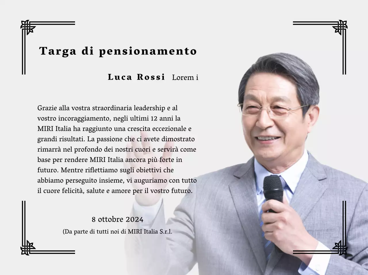 Progettate una festa di pensionamento con bordi decorativi e foto per un'atmosfera organizzata.