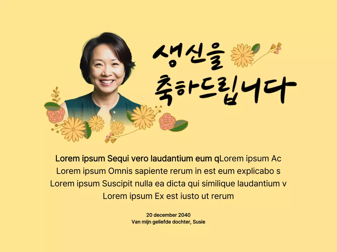 Gelukkige Verjaardag met een bloem en een foto van je ouders