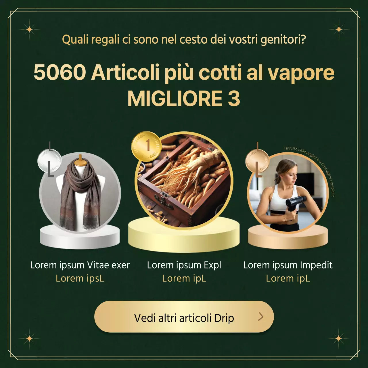 Raccomandare e promuovere regali di lusso per la festa della mamma in verde e oro.