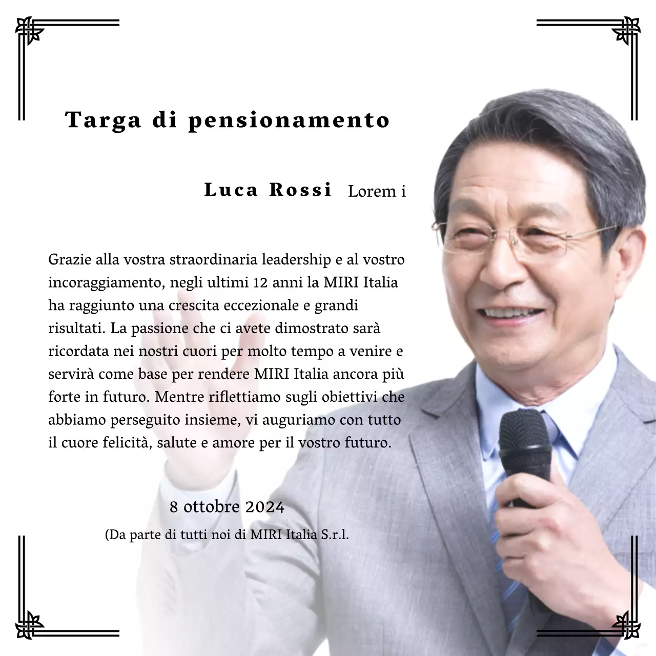 Progettate una festa di pensionamento con bordi decorativi e foto per un'atmosfera organizzata.