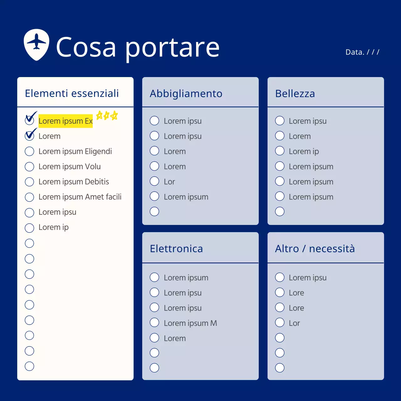 Un semplice planner da viaggio giallo e blu navy