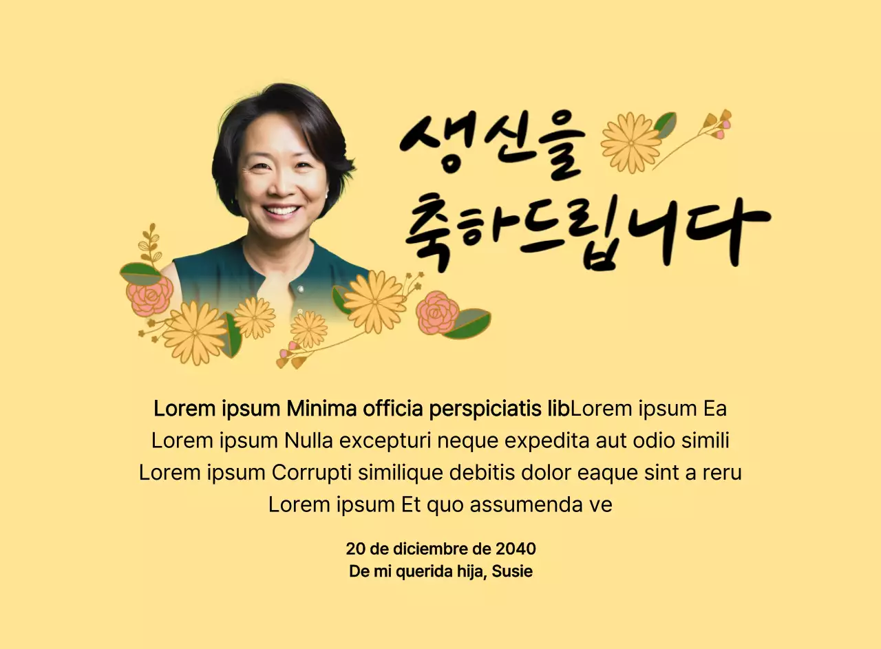 Feliz cumpleaños con una flor y una foto de tus padres