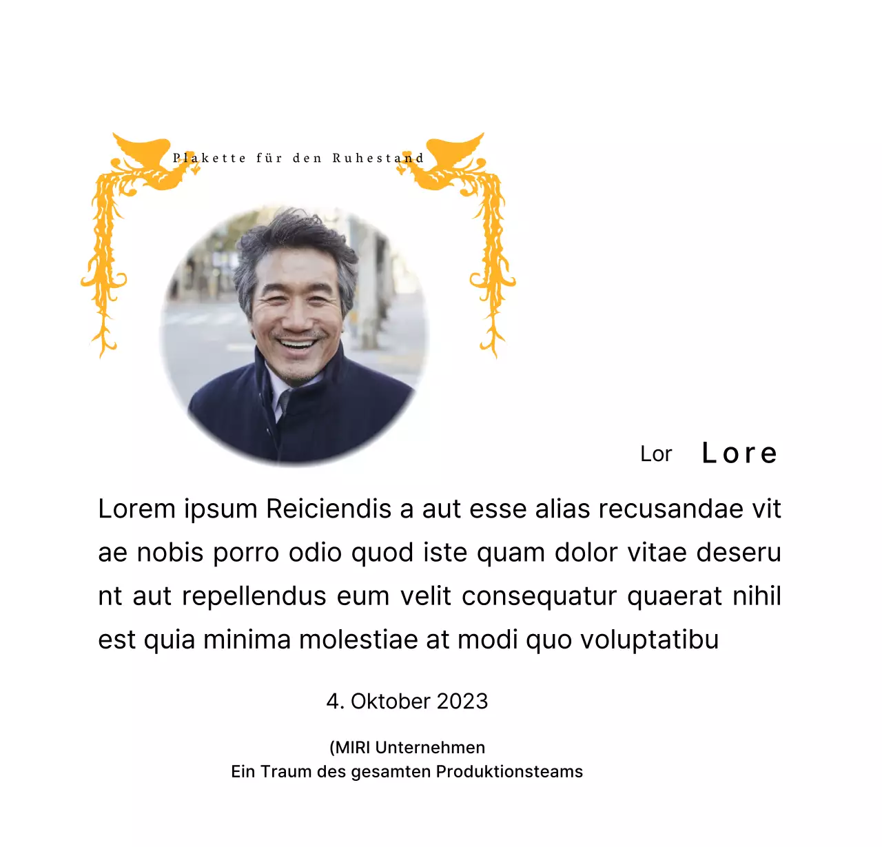 Ein Ruhestandsdesign mit einer farbenfrohen Phönix-Illustration und einem runden Foto.