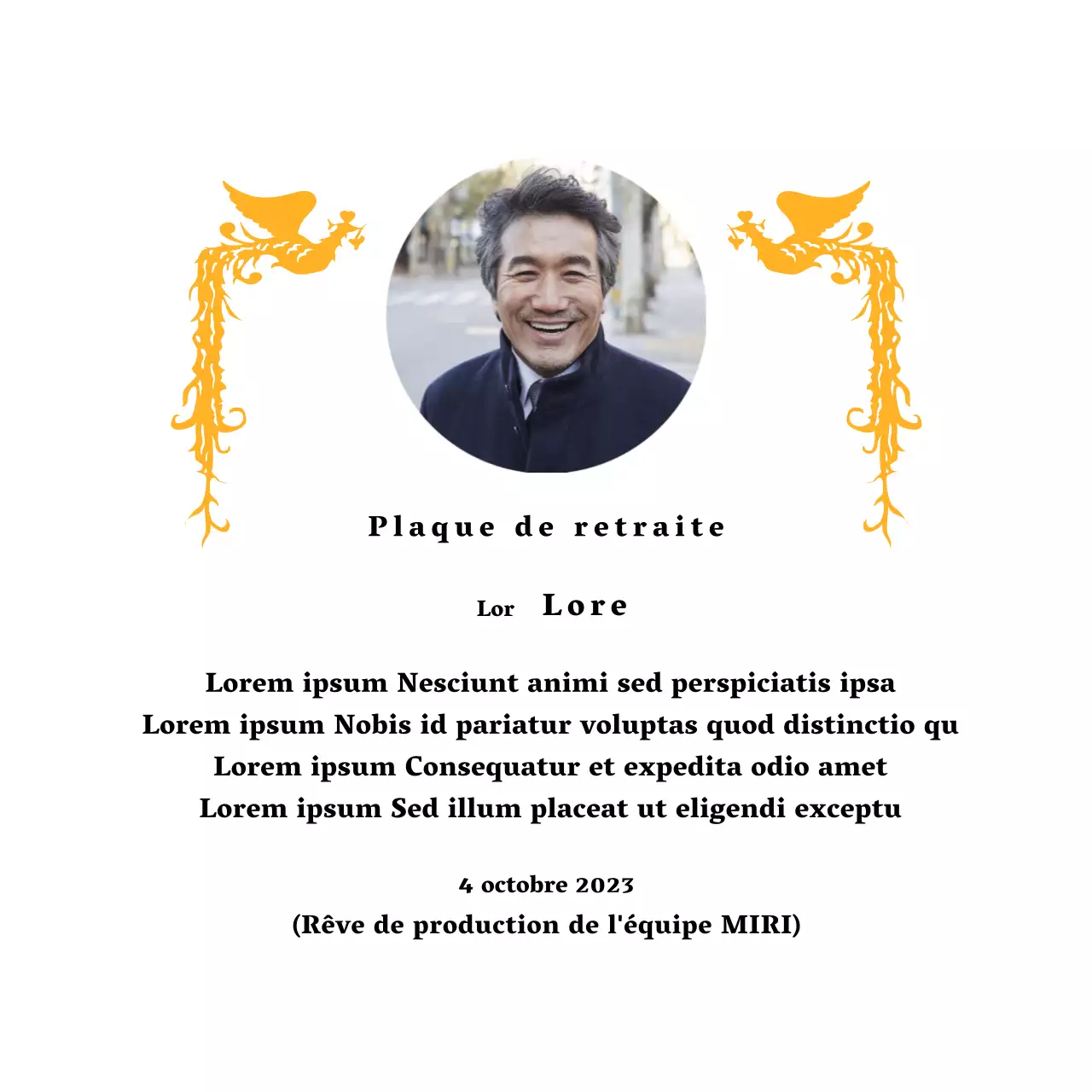 Une conception de retraite avec une illustration de phénix coloré et une photographie circulaire.