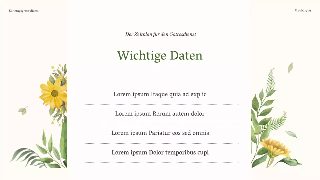 Ein einfacher grüner und gelber Gottesdienstführer für die Botanische Kirche