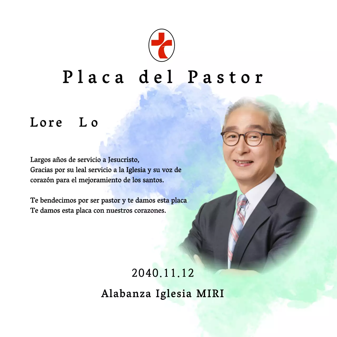 Placa blanda de inauguración de iglesia con fondo de acuarela degradada y foto