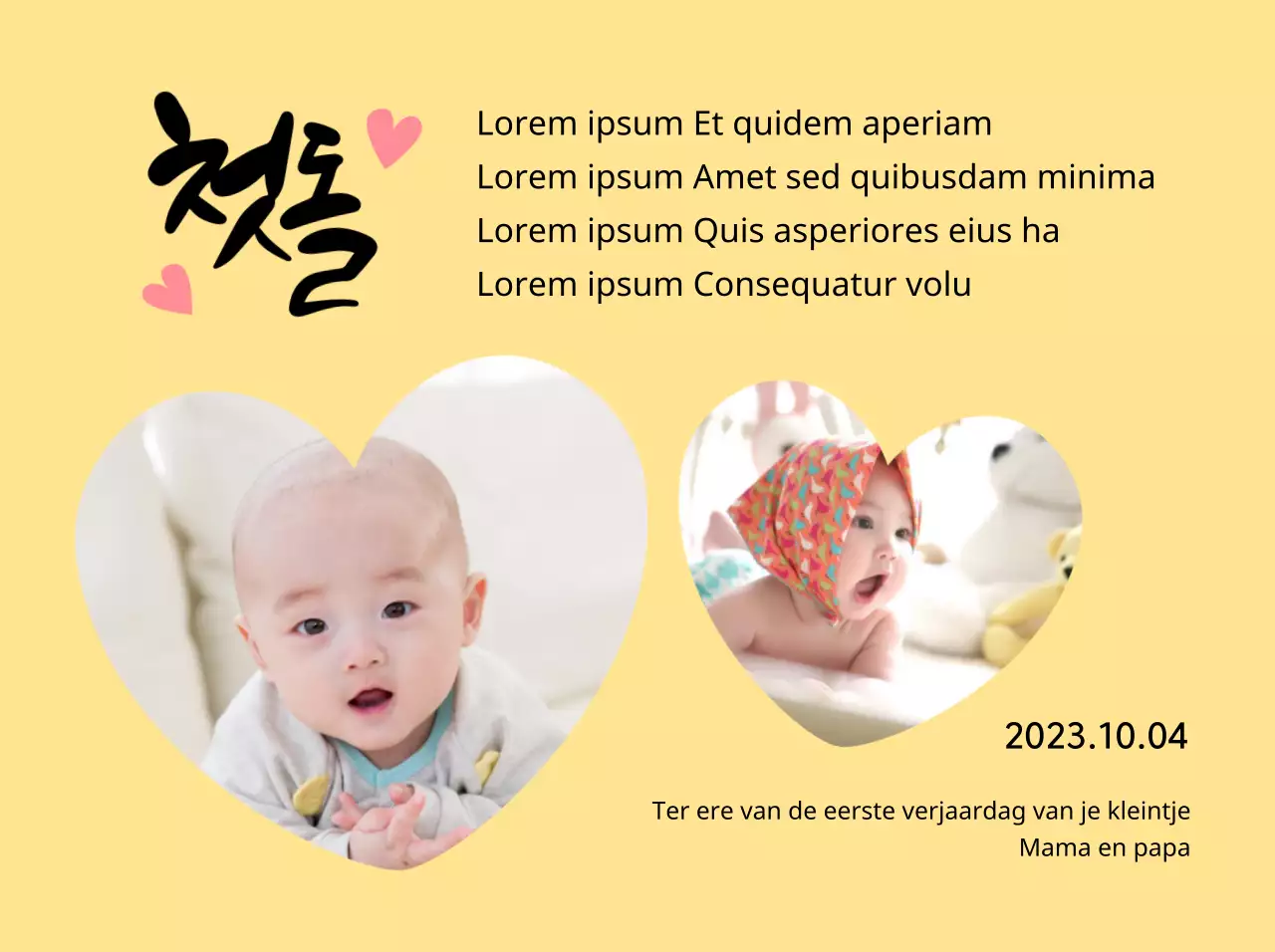 Schattig eerste verjaardagsplaatje met hartfoto en kalligrafie