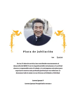 Un diseño de jubilación con una colorida ilustración de un ave fénix y una fotografía circular.