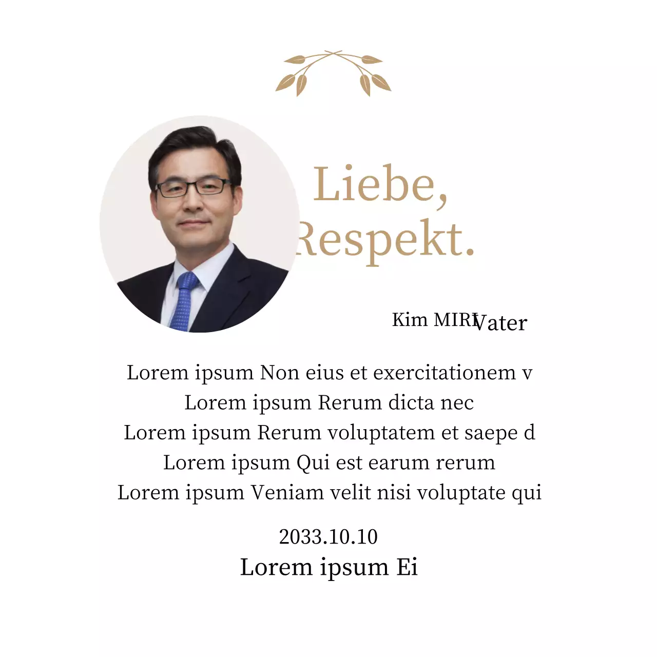 Eine statische, stilvolle Dankeskarte zum Muttertag mit goldenen Blütenblättern und einem Foto