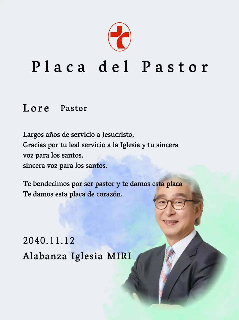 Placa blanda de inauguración de iglesia con fondo de acuarela degradada y foto