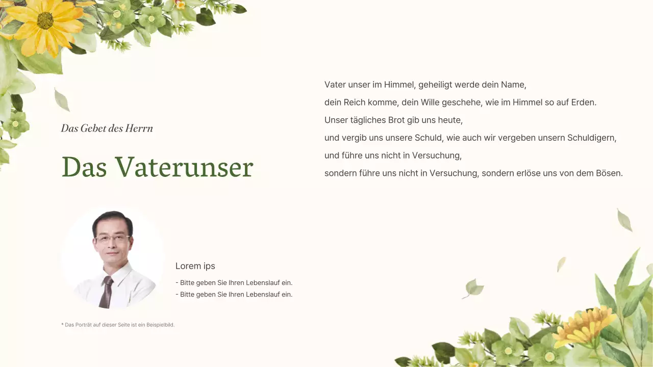 Ein einfacher grüner und gelber Gottesdienstführer für die Botanische Kirche