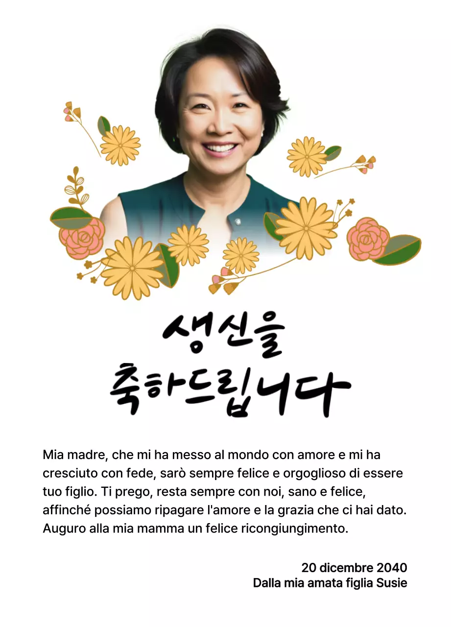Buon compleanno con un fiore e una foto dei vostri genitori