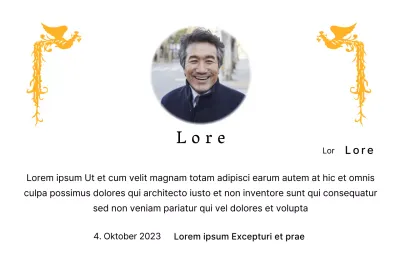 Ein Ruhestandsdesign mit einer farbenfrohen Phönix-Illustration und einem runden Foto.