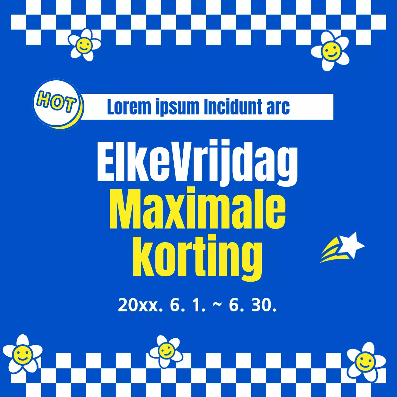 Adverteer een kitscherig verkoopevenement in geel en blauw