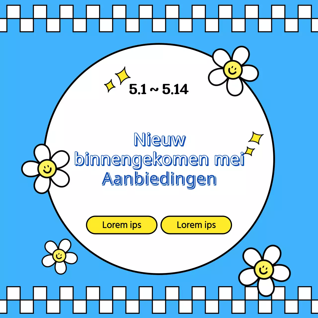 Kitscherige nieuwkomers uitverkoopadvertentie in geel en lichtblauw