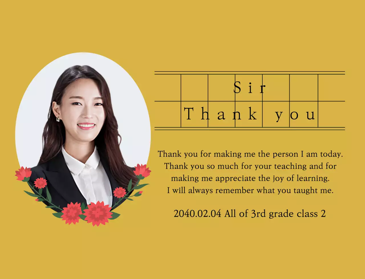 A sentimental Teacher's Day thank you note with manuscript paper and carnations