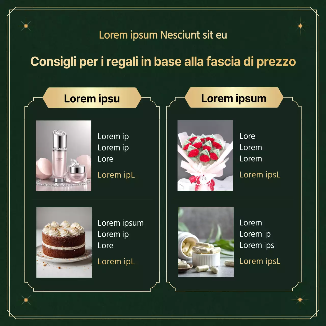Raccomandare e promuovere regali di lusso per la festa della mamma in verde e oro.